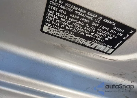 2017 Volkswagen Passat 1.8T R-Line from USA, damaged, VIN 1VWDT7A38HC030753